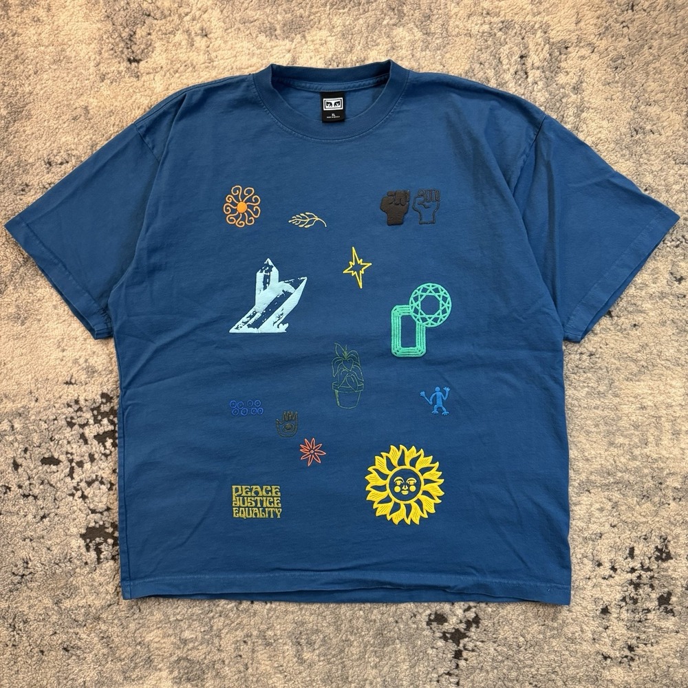 OBEY Men's XL Blue Get‎ In The Groove Frog Casual Full Graphic T-Shirt